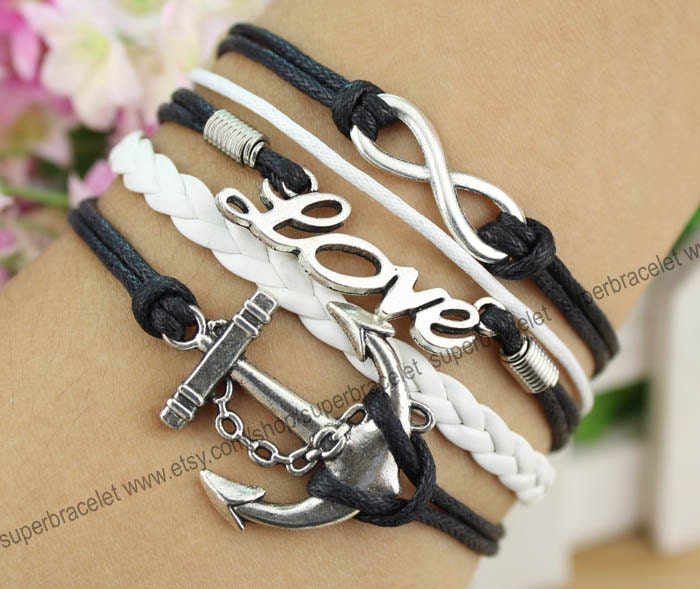 Silver infinity charm bracelet , anchor bracelet , friendship LOVE bracelet , white , black leather cord , girlfriend and BFF