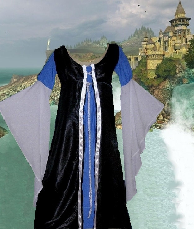 Renaissance Gown SCA Garb Medieval Costume Black Satin Blue White 1 Piece Laceup LOTR ButtrflySlvs LXL