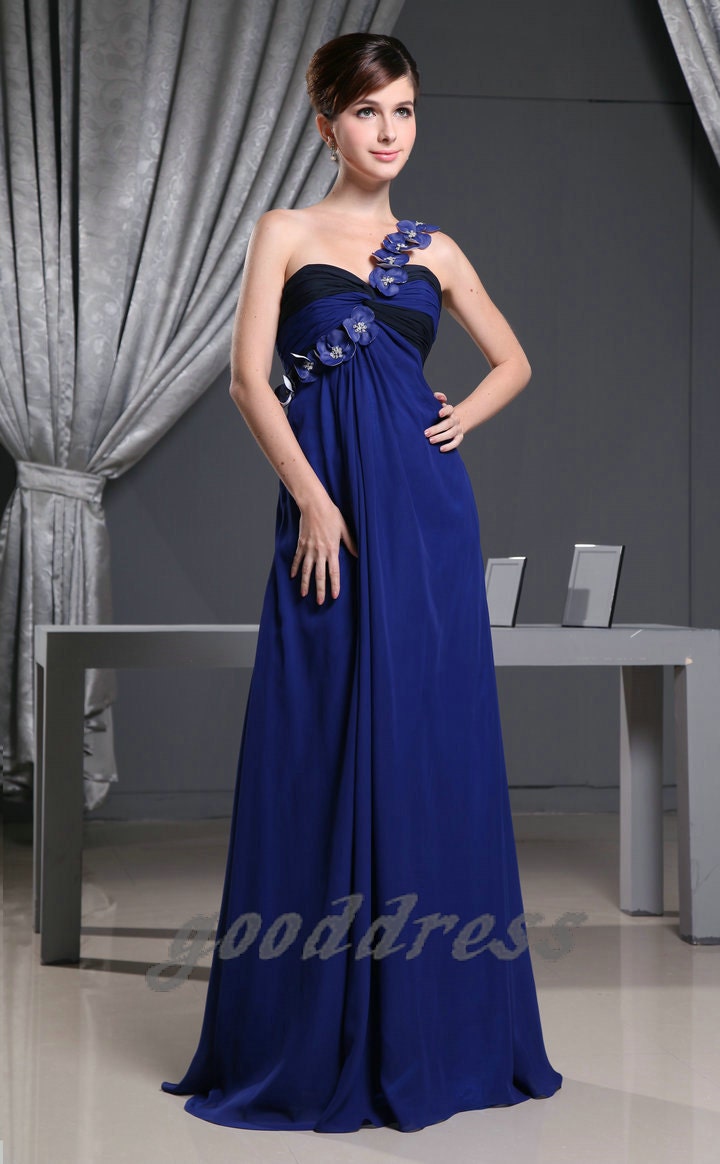 Elegant Custom Handmade One shoulder Blue Appliques Fold Chiffon Formal Long Evening/Prom/Party/Bridesmaid/Homecoming/Cocktail Dress Gown