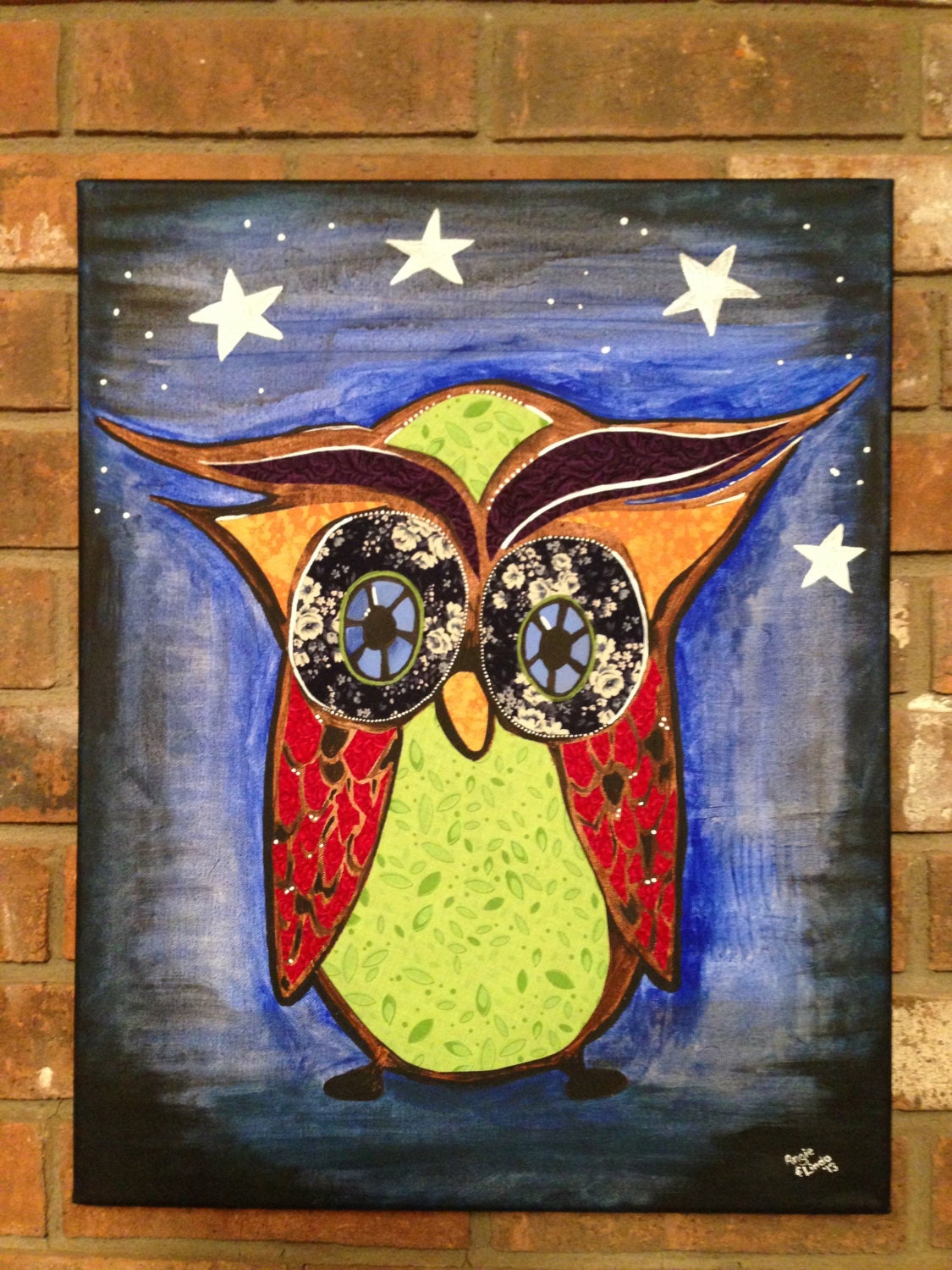 Original Mixed Media Owl Painting with fabric on canvas. Starry night background, strong colors. 16x20. One of a kind.
