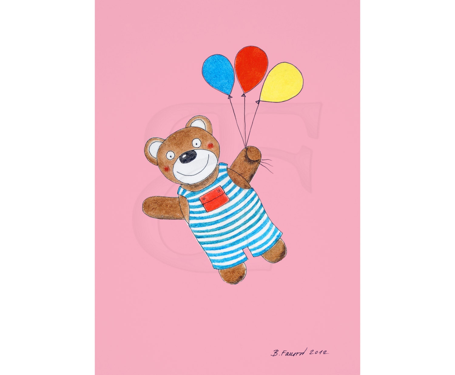 Happy  teddy bear flaying, birthday card, child's drawing, watercolor painting, hand drawn picture, digital file,for download,print,image,A4