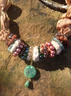 100% Silk, Jade and Jasper Stone Necklace...Adorned with Crystal...Brass and 24k gold Plating.