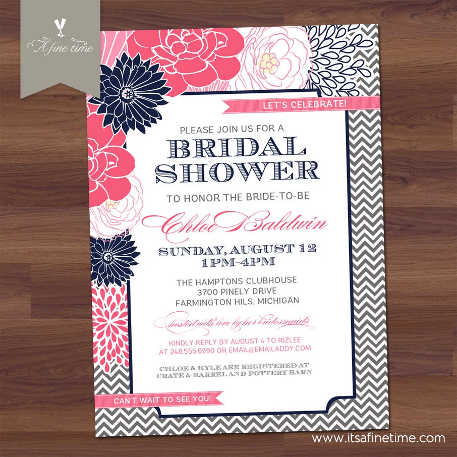 Bridal Shower Invitation - Modern Chevron Floral - Vintage Typography - Navy Blue, Hot Pink, Pink, Grey (DIY Digital Printable)