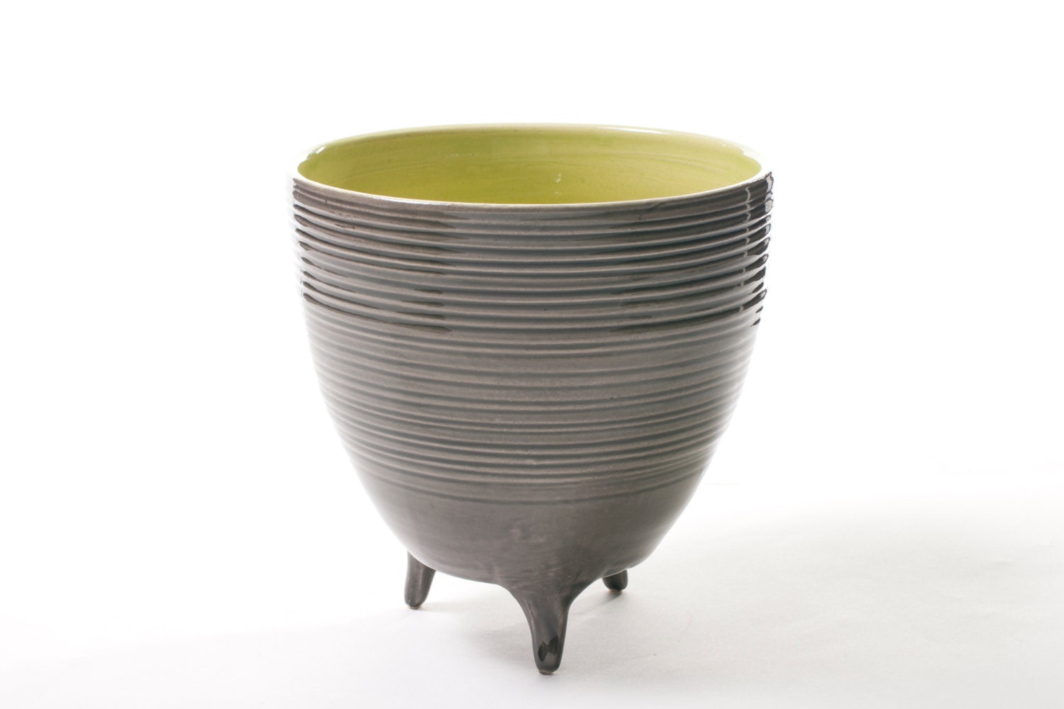 Gray and Green Striped Vase/Bowl With 3 Little Legs - POTLEGS - Handmade Wheel-Thrown Ceramic Pottery