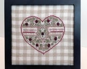Cross Stitch heart heads checked linen fabric black wood frame, gift blackberries speciality stitches