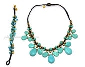 Beaded Turquoise Set, Gem Stone Necklace and Bracelet, Chunky Wedding Party Statement Bib Set (JS-S-0025)