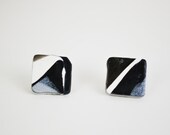 Square Post Earrings Black and White Metallic Silver Geometric Abstract Stud Earrings OOAK - RareSpeciesJewelry