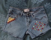 Gold and Red Studded Recycled Custom Handmade Denim Shorts Size 7