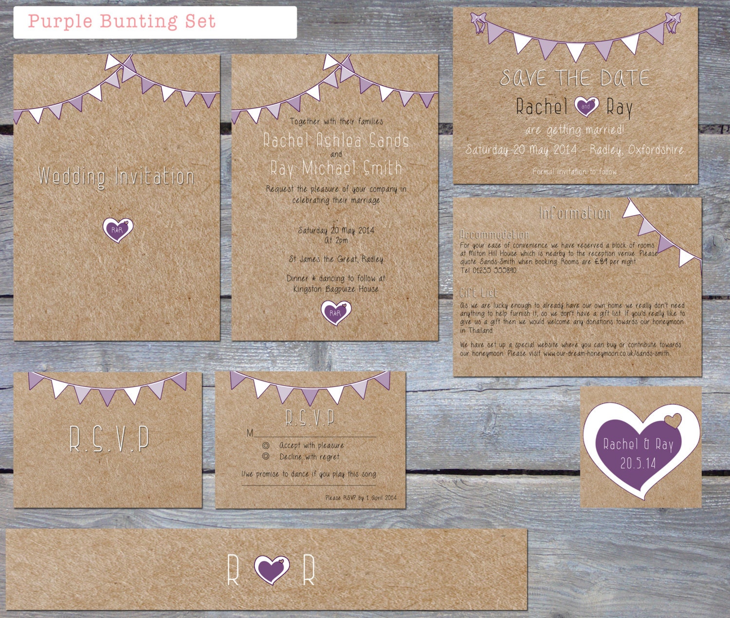 Printable Rustic Purple Bunting wedding invitation set, includes, invitation, save the date, RSVP, info card, belly band and sticker