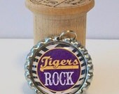 Fun Purple and Gold Zebra Stipe Tigers Rock LSU Flattened Metal Bottlecap Pendant Necklace