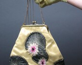 Handmade in Verona, Italy --VINTAGE  leather, linen, satin crocheted embroidered handbag