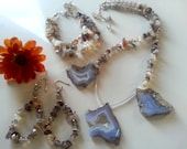 Beige Natural tones Botswana Agate & Sterling Silver 3pc Necklace Bracelet Earrings Jewellery Set
