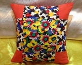 New Handmade Patchwork SPRING Cushion Cover / Pillow Cover 16 inch - mixed fabrics - flowers, orange, red, yellow