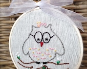 Embroidery Hoop Wall Art, Hand Embroidered Owl, 4" Wood Hoop, Eco-Felt Covered Back, Organza Ribbon, Embroiderwee
