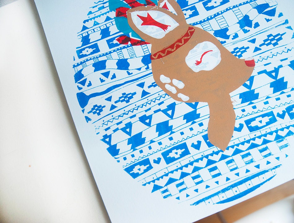 Deer Woodland Tribal Silkscreen Print, Screenprint, Silkscreen, Illustration, Doe, Couple portraits, Wall Art/ Nursery Art/ Wedding Gift