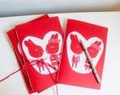 Bunny Sweethearts Notebook, Handmade, Hand printed, Hand bound, Screenprint, Illustration, White, Red, Travel Pocket Notebook, Kraft Paper