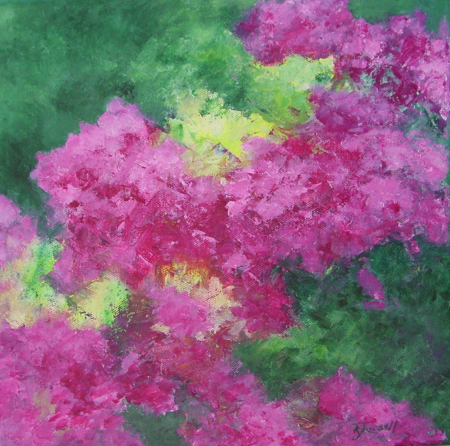 Bright Floral Abstract Original Painting Colorful Art 12 x 12 Pink Flowers by K. Joann Russell