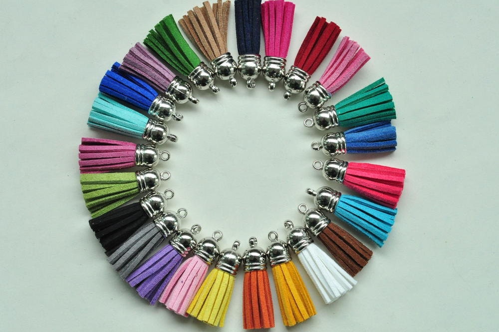 7pcs Leather Tassel Fiber Tassel Fringe Tassel with Silver Caps Lightweight Cap Charms 38x10mm LT02