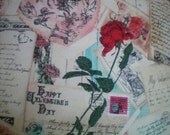 1 Novelty Pillow - Vintage Valentine Theme - 18" x 18" - soft colors - Antiqued sepia tone -Same Fabric Front/Back - Roses, hearts , ribbons