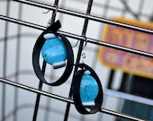 Stone - upcycled recycled bicycle tire dangle hoop earrings in black with turquoise stone