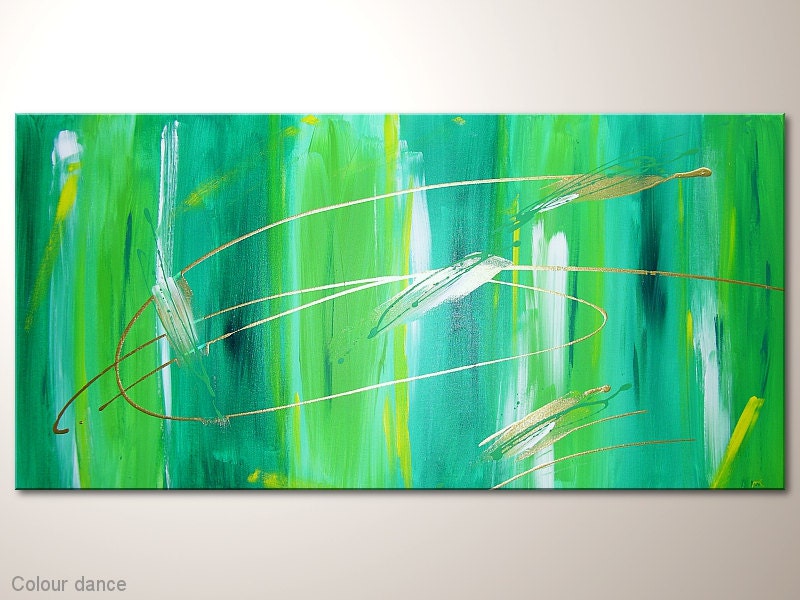 Unique modern art painting: "colour dance" - abstract artwork -contemporary wall decoration - acrylics - design - office- home,green,gold