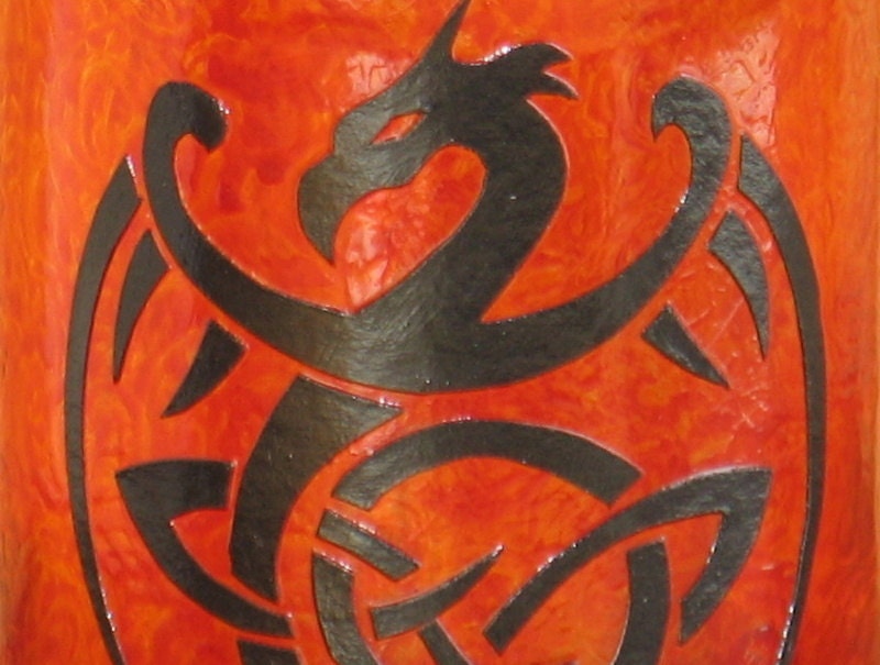 Set of 3 hand cut Celtic dragon papercut silhouettes hand painted orange glass lantern, storage jar, candle tealight holder, vase, coin jar