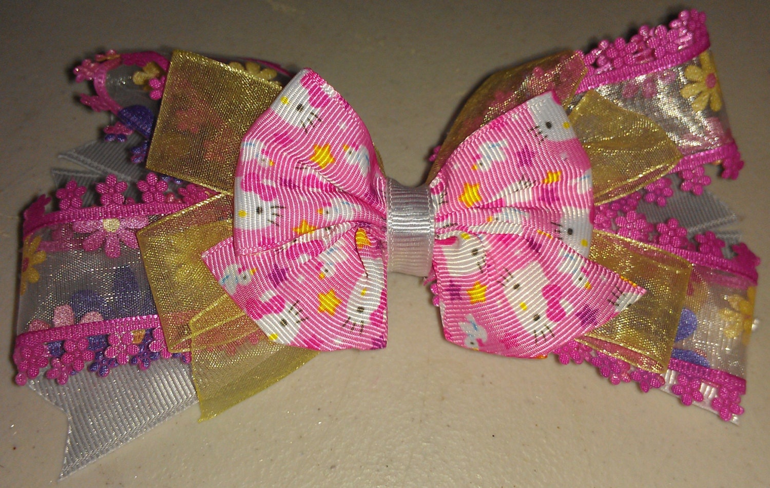 Hello Kitty Hair Bow with Pink and Purple Flowers Ribbon, 6 Inch