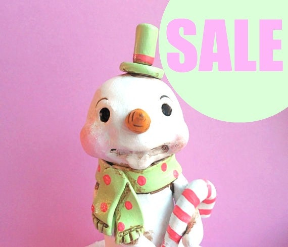 SALE Christmas Decoration Pink and Mint Green Snowman with Candy Cane Candy Box