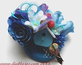 Large Blue floral fascinator with bird house, owl, Raspberries, Rose, statement piece