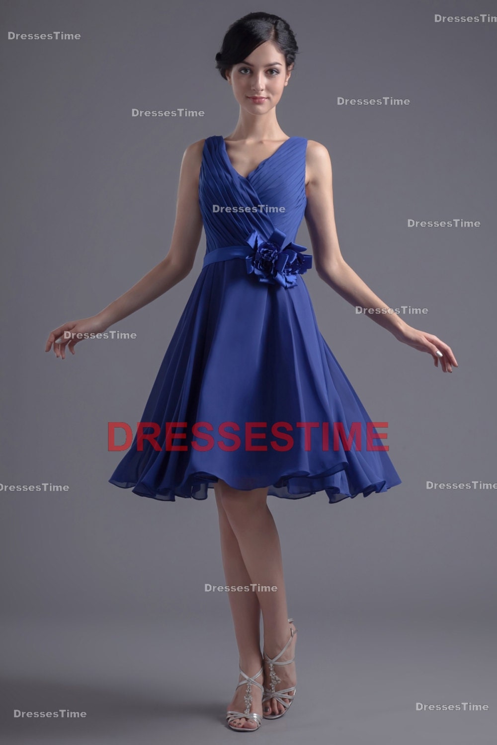 Navy blue bridesmaid dress - Elegant short bridesmaid dress / V-neck chiffon wedding guest dress with hand-made flowers under 100
