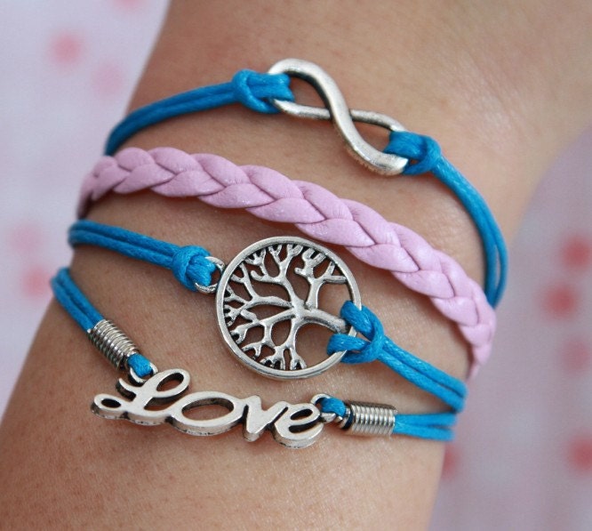 Love Bracelet, Wish Tree Bracelet, karma Bracelet - Antique Silver Charm Bracelet, Lake Blue Wax Cord Bracelet, Friendship gift