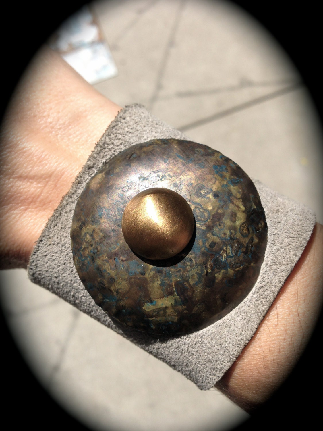 Grey Leather Suede Hammered Patina'd Brass Cuff with Swivel Snap Clasp and Vintage Circle Gold Dome Bracelet for Women