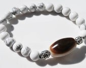 White Turquoise and Ancient Dzi Bead Mala Bracelet / Meditation / Handmade / Natural / Yoga / Zen / Spiritual / Travel
