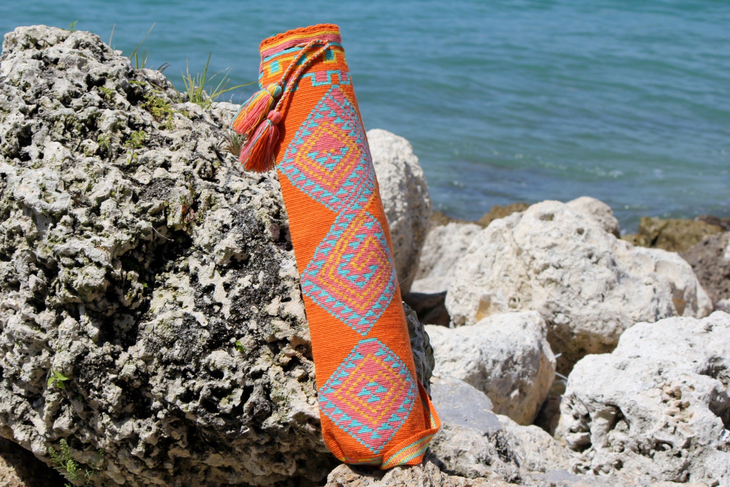 Hand Woven Yoga Mat Bag - Bright Orange, Turquoise, Pink, & Yellow