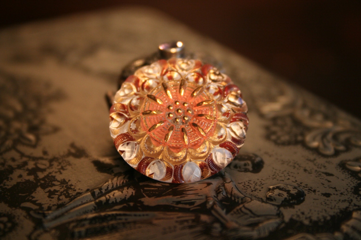 Lotus Blossom In Peach Amber and Gold Czech Glass Button 27mm