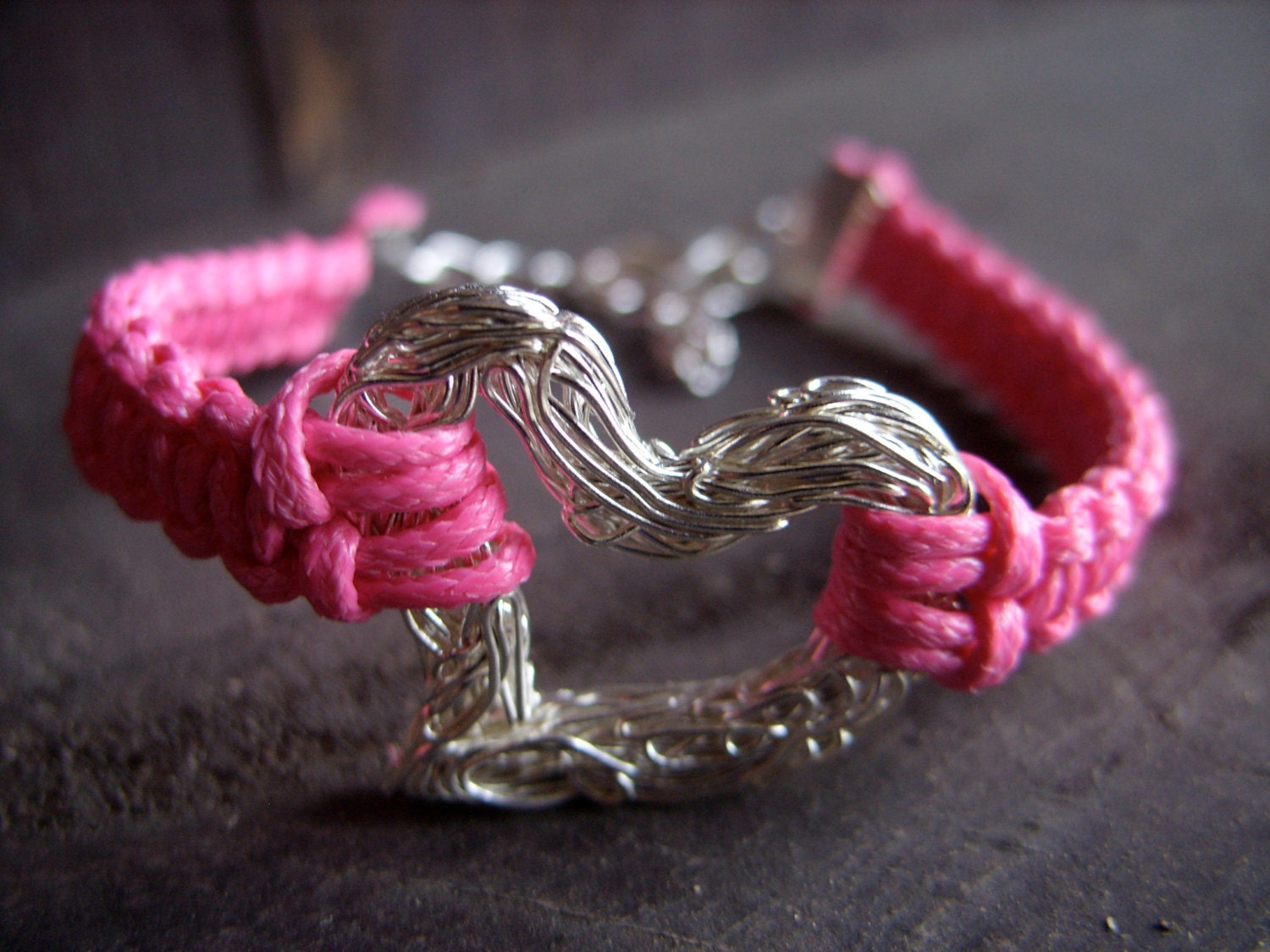 mother's day heart bracelet valentines day for her pink silver love wire heart macrame bracelet friendship bracelet braided jewelry - MageBraids