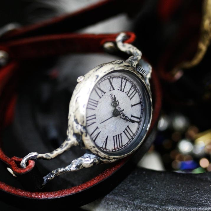Vintage style Leather wrap watch Handmade Handcraft Bracelet watch "EVE" Sliver material Steampunk Weddings Gift for someone you love