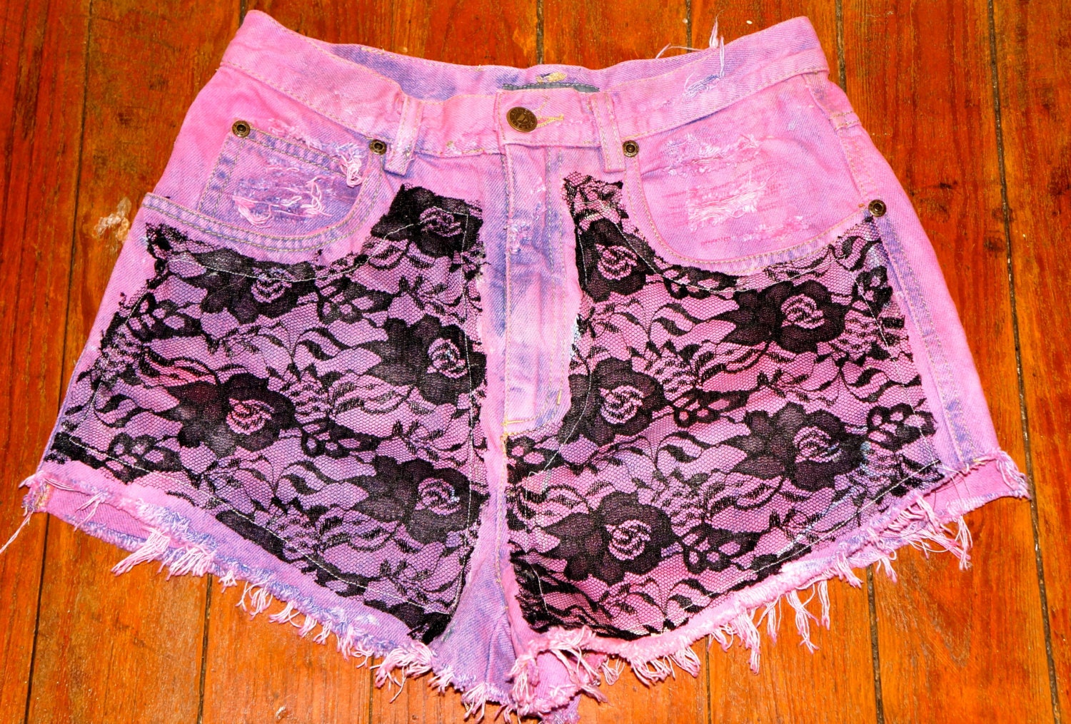 Pink black lace tie dye high wasted shorts
