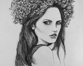 Art Print of my Pencil and Pen drawing/portrait of a girl looking over her shoulder with flowers in her hair