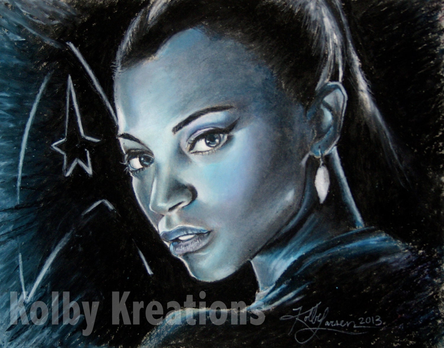 Original pastel portrait of Zoe Saldana from Star Trek.  As seen on Youtube.com/kolbykreations.