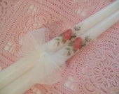 Pretty set Of Dove White Taper Candles. Cottage Chic With Roses Romantic and Elegant. Pure Cotton Wicks.