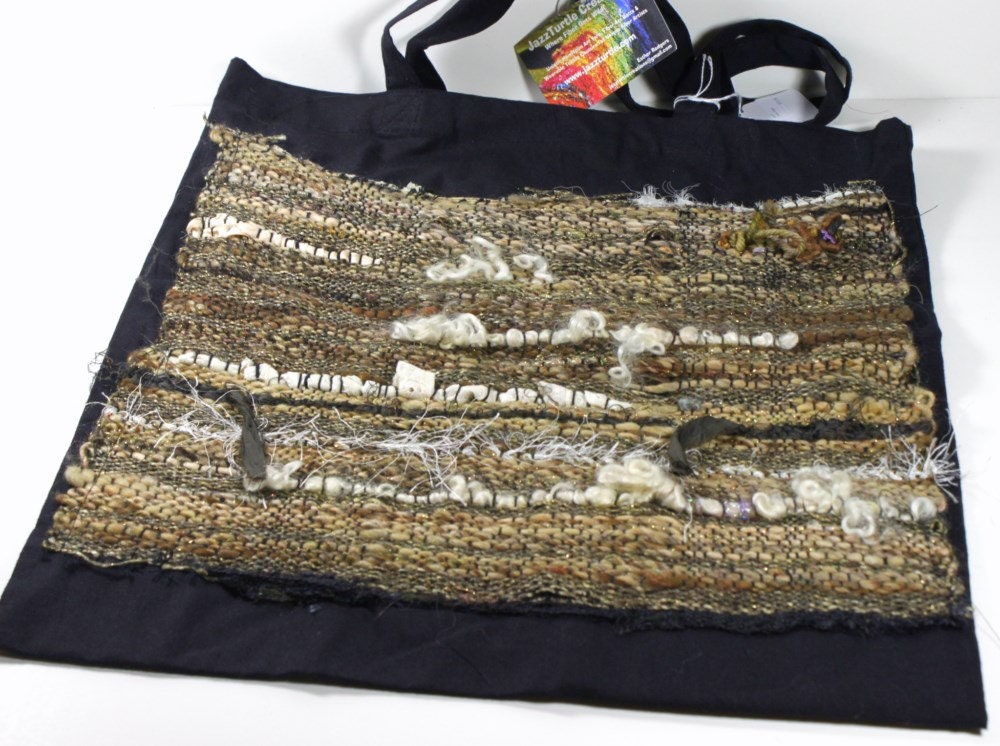 SAORI Woven Tote Project Bag with Handspun Art Yarn- JazzTurtle Couture, Fiber Art to Wear