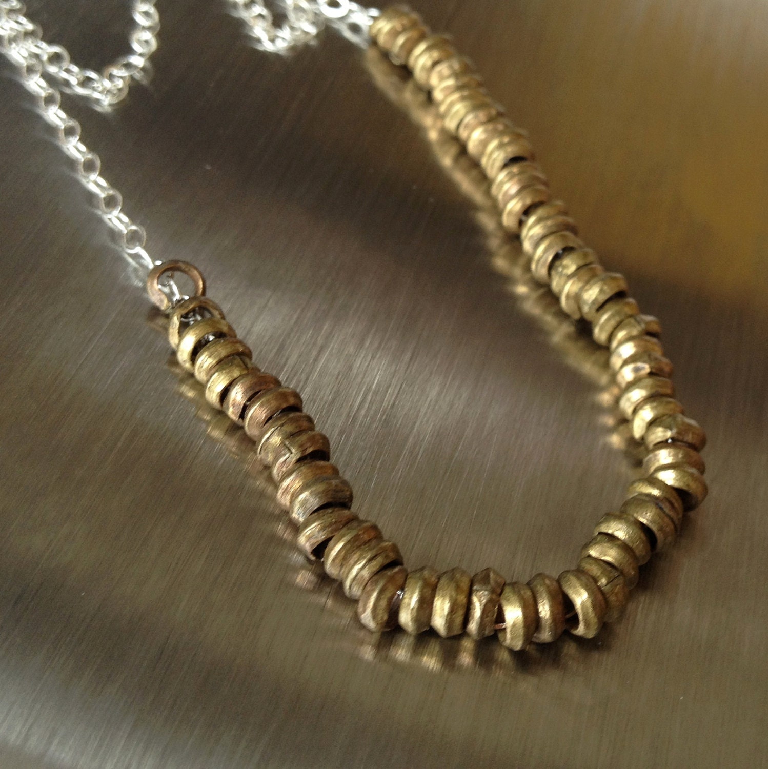 simple brass beads on silver chain necklace - tribal necklace