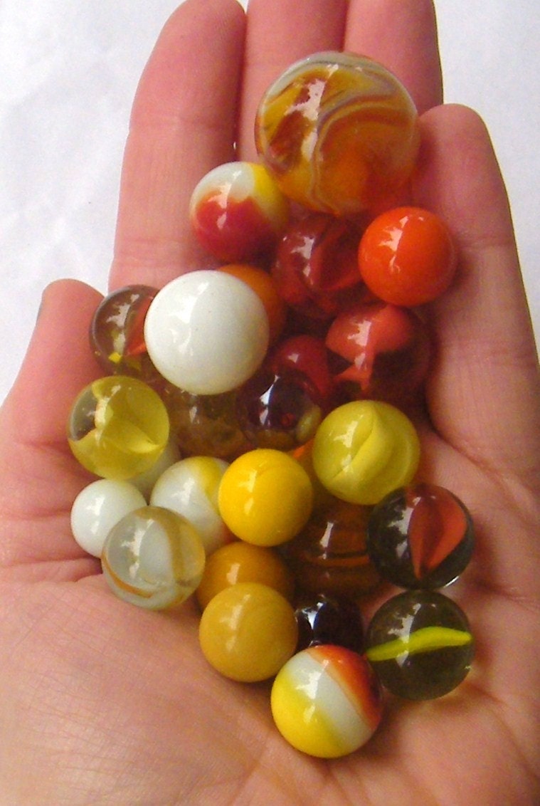 Vintage 1970s Yellow, Red & White Glass Marbles with One Shooter - Lot of 25