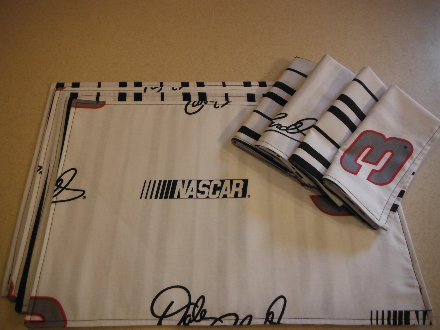 Set of 4 Reversible Cloth Placemats with 4 Matching Napkins - repurposed NASCAR bedsheets