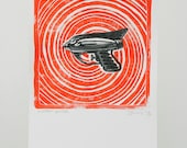 Water pistol - black and grey on red swirl -  linocut print A3