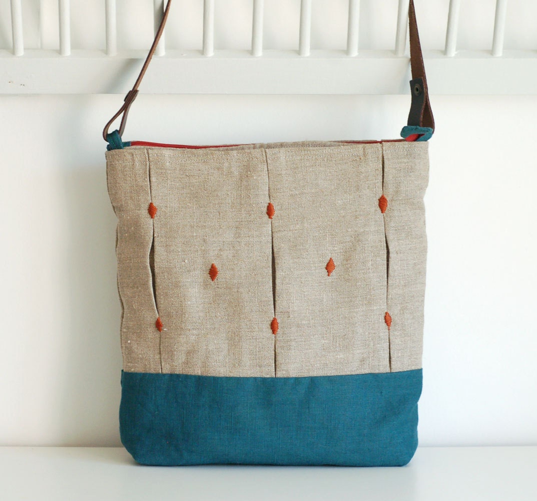 Teal/ochre lozenges - shoulder/messenger linen bag with leather strap - Mosaic Collection - OOAK