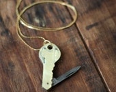 Antique Key Shaped Pocket Knife Necklace - Mother of Pearl
