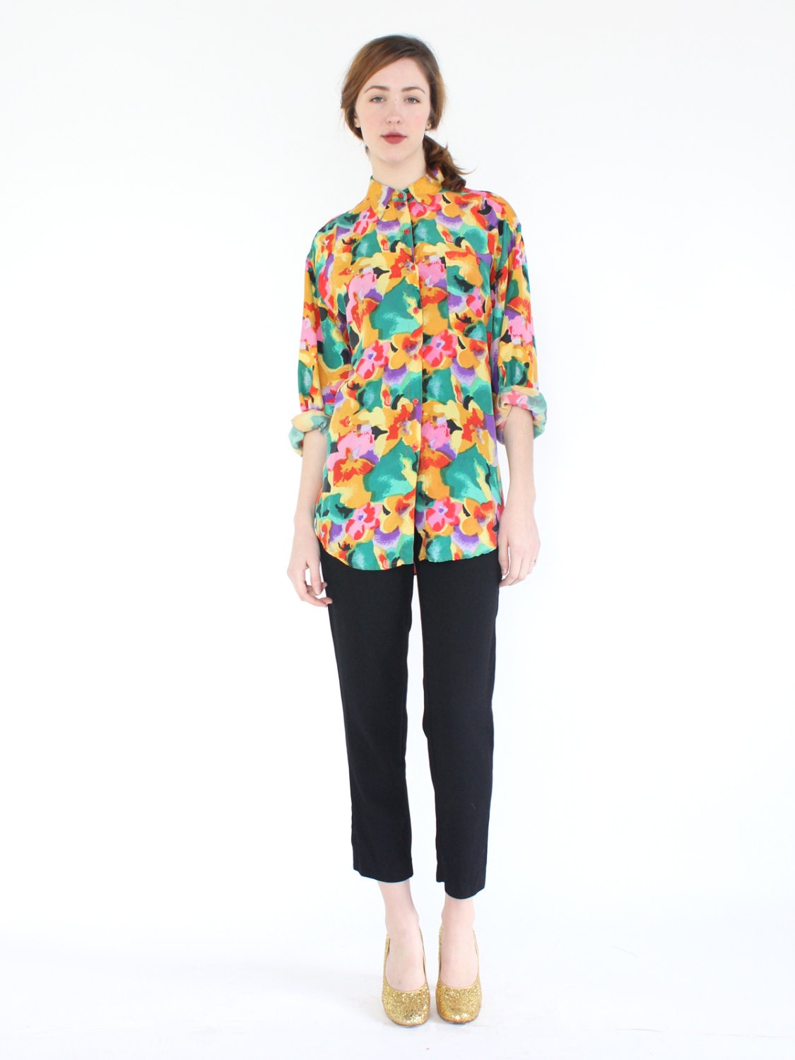 vintage 1980's bold watercolor FLORAL SILK abstract flower print shirt blouse