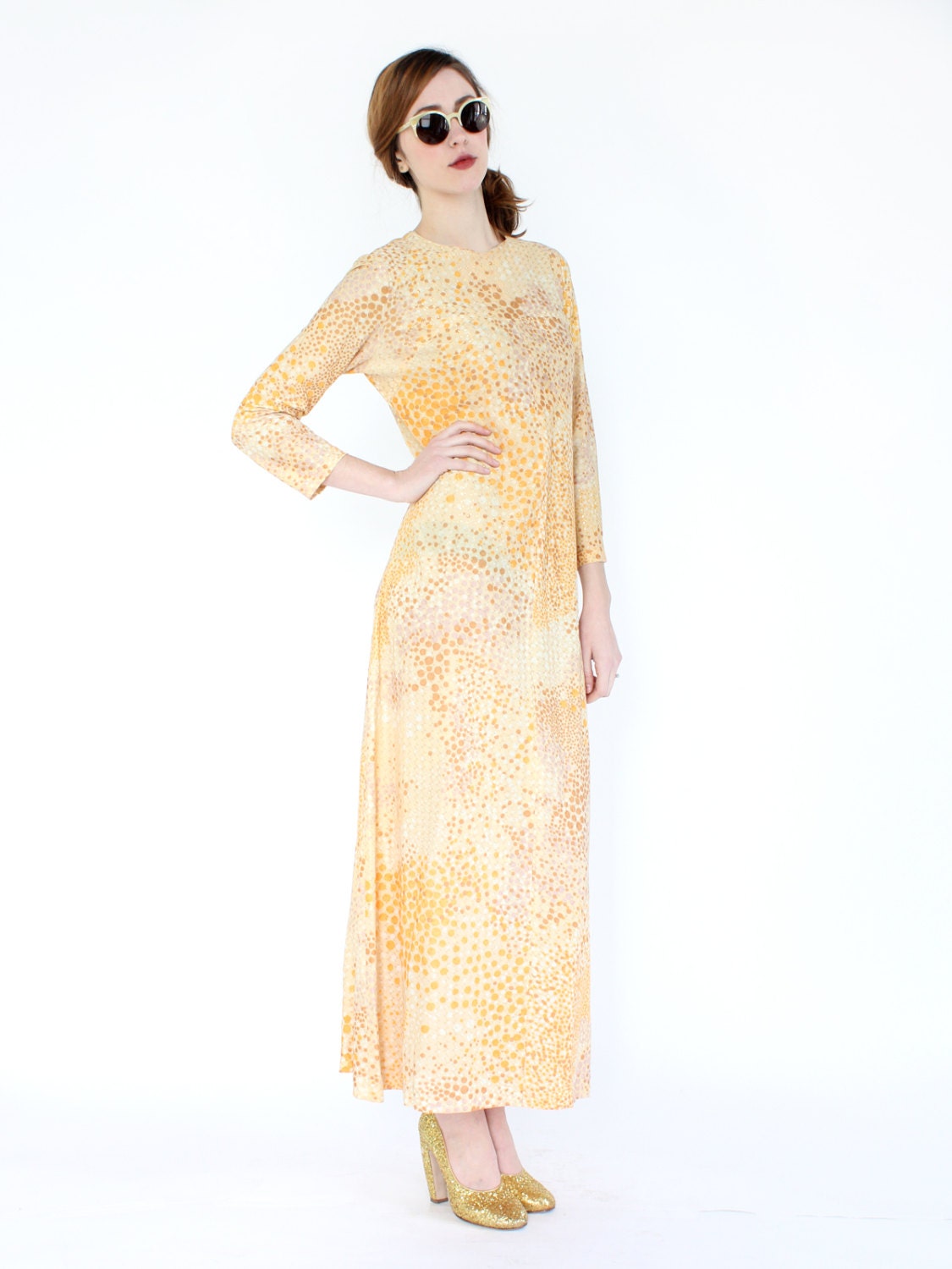 vintage 1970s metallic gold abstract print maxi dress / golden sparkle sunset dress